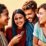 **Prompt:** A vibrant and emotional scene of people connecting and sharing content on social media, expressing their identities and values, with an emphasis on authenticity and transparency. Use warm, inviting colors.