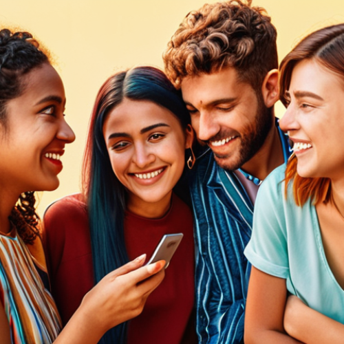 Home 4 **Prompt:** A vibrant and emotional scene of people connecting and sharing content on social media, expressing their identities and values, with an emphasis on authenticity and transparency. Use warm, inviting colors.