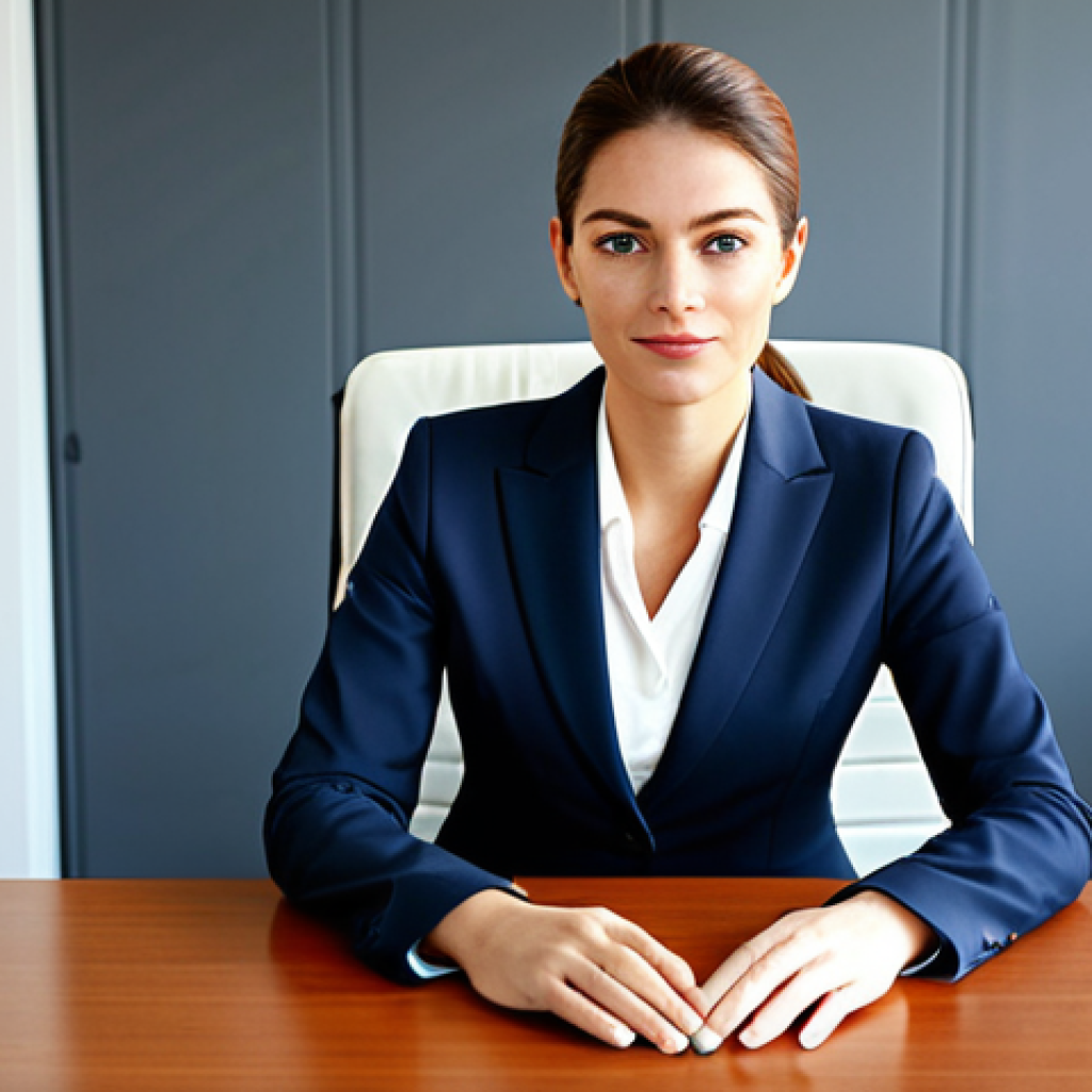 **

"A professional businesswoman in a modest business suit, sitting at a desk in a modern office, fully clothed, appropriate attire, safe for work, perfect anatomy, natural proportions, professional photography, high quality."

**