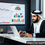 바이럴 콘텐츠의 성공 요소 체크리스트 - A modern digital marketing workspace set in a Middle Eastern office environment, featuring a diverse...