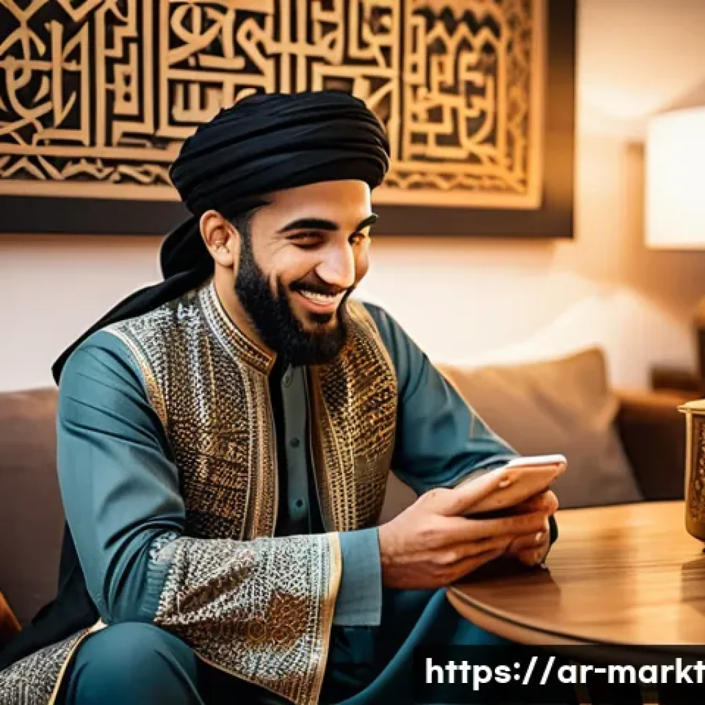 인플루언서 마케팅과 심리학의 교차점 - A modern Middle Eastern influencer sitting comfortably in a stylish, warmly lit living room decorate...