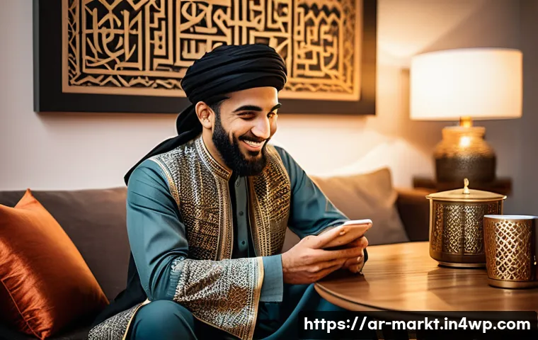 인플루언서 마케팅과 심리학의 교차점 - A modern Middle Eastern influencer sitting comfortably in a stylish, warmly lit living room decorate...