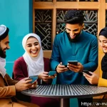 바이럴 마케팅과 개인적 소비 패턴의 관계 - A vibrant Middle Eastern urban caf&eacute; scene during the golden hour, showing a diverse group of young A...