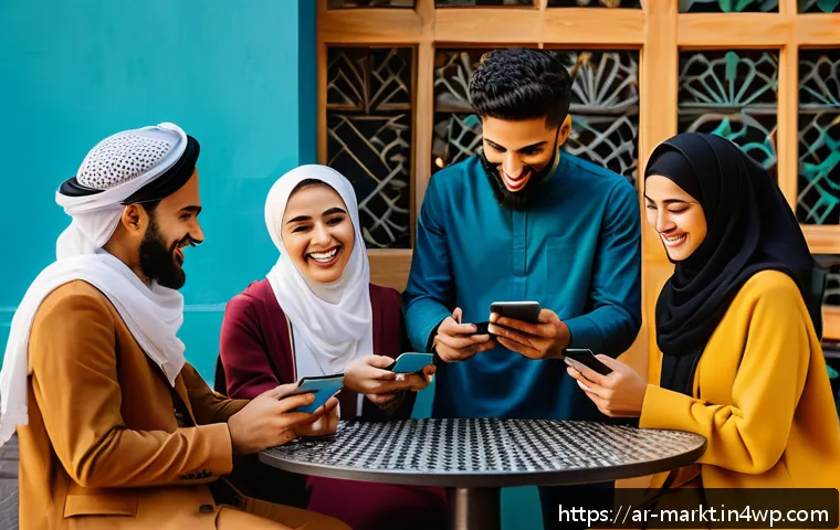 바이럴 마케팅과 개인적 소비 패턴의 관계 - A vibrant Middle Eastern urban caf&eacute; scene during the golden hour, showing a diverse group of young A...