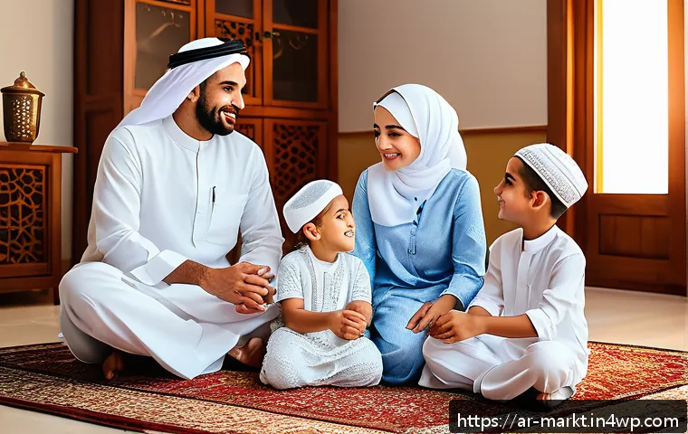 바이럴 캠페인의 성공 요소 - A warm and authentic scene capturing an Arab family gathered in a cozy living room during Ramadan ev...