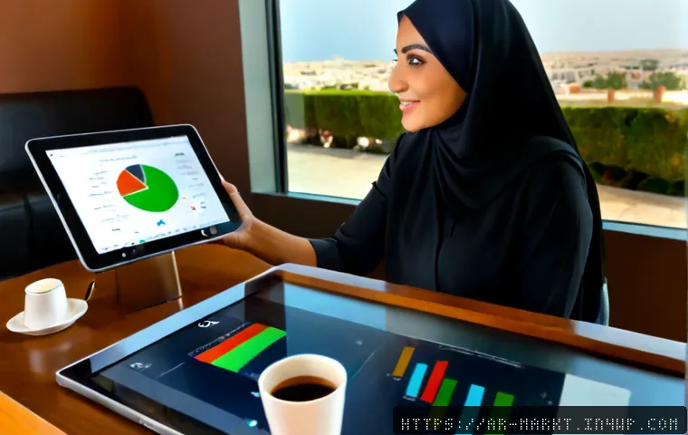 바이럴 마케팅의 실용적 적용법 - Photorealistic modern marketing workspace in an Arabic-speaking Gulf city, a modestly dressed Arab b...