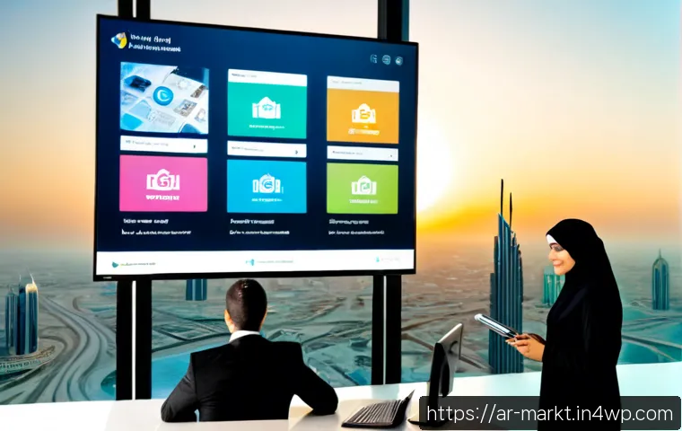 바이럴 마케팅의 글로벌 트렌드 분석 - Photorealistic modern marketing workspace in Dubai, diverse Arab creative team in modest contemporar...
